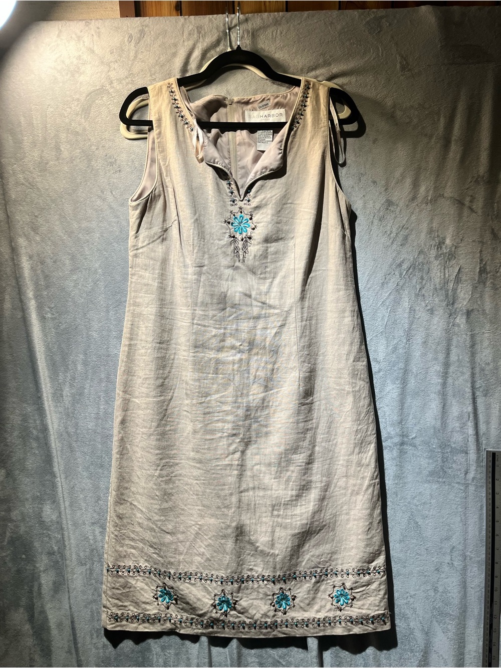 Embroidered Sleeveless Linen Dress in Cream with Teal Accents